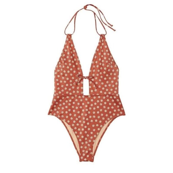 New! Victoria's Secret Swim Brown Daisy Plunge One Piece Swimsuit 3872 - Picture 1 of 8